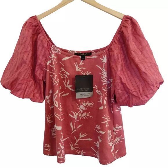 Andrew Marc New York Pullover Blouse Short Puff Balloon Sleeves M Boho - Picture 4 of 6